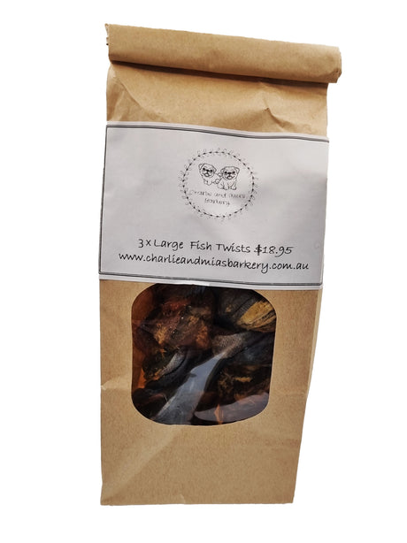 Large Fish Twists, the perfect snack for your pet, available at Charlie and Mia's Barkery