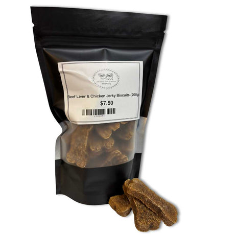 Black resealable bag of Beef Liver & Chicken Jerky Biscuits (200g), Australian-made bite-sized treats for small dogs, displayed with a few biscuits in front. Available at Charlie and Mia's Barkery.