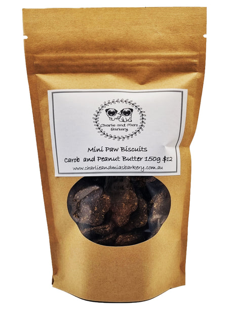 A packet of Charlie and Mia's Barkery’s Mini Paw Biscuits Carob and Peanut Butter
