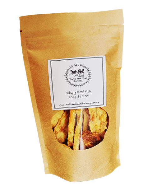 Crispy Reef Fish, a perfect treat for your pup. Available at Charlie and Mia's Barkery.