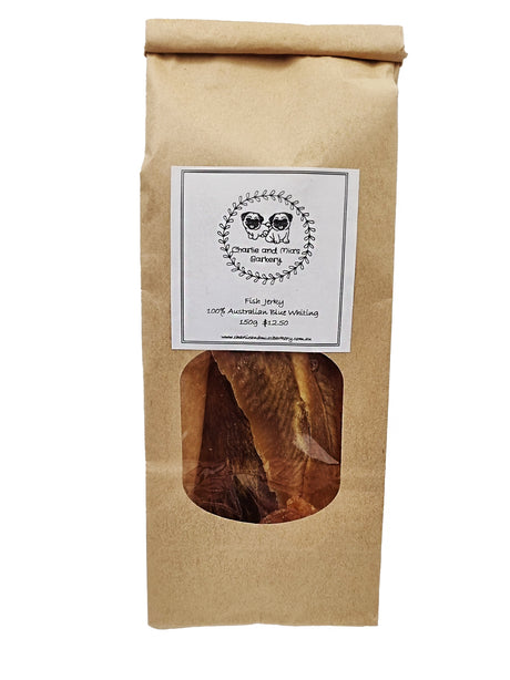 Australian Blue Whiting Fish Jerky, a nutritious snack for your pup. Available at Charlie and Mia's Barkery.