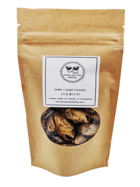 A packet of Charlie and Mia's Barkery’s Green Lipped Mussels