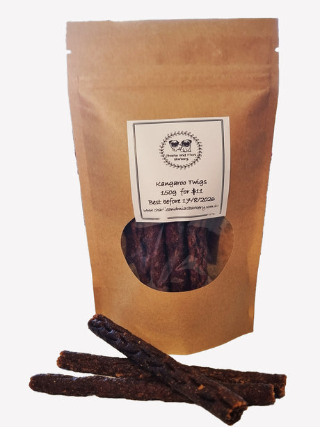 A bag of beef sticks labelled as Dog Treat Kangaroo Twigs, available at Charlie and Mia's Barkery.