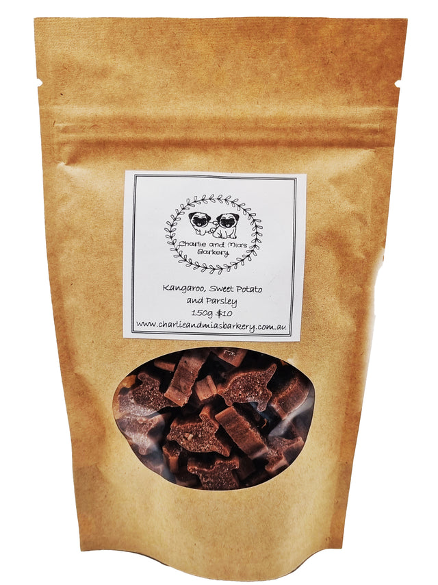 A packet of Charlie and Mia's Barkery’s Kangaroo, Sweet Potato and Parsley treats