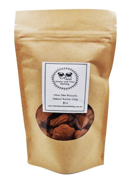 A packet of Charlie and Mia's Barkery’s Mini Paw Biscuits Peanut Butter