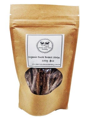 A packet of Charlie and Mia's Barkery’s Organic Duck Breast Strips