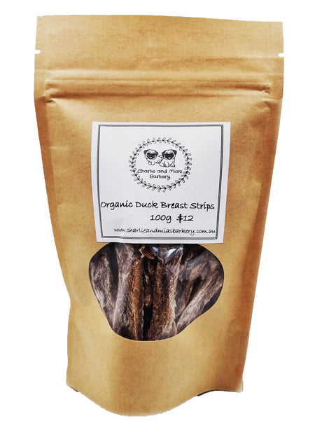 A packet of Charlie and Mia's Barkery’s Organic Duck Breast Strips