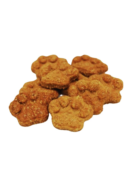 Loose pieces of Charlie and Mia's Barkery’s Mini Paw Biscuits Peanut Butter