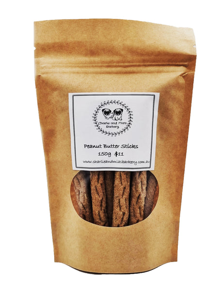 A packet of Charlie and Mia's Barkery’s Peanut Butter Sticks