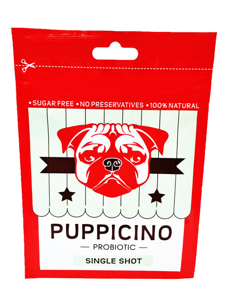 A packet of Puppicino probiotic single shot drink for dogs, available at Charlie and Mia's Barkery.